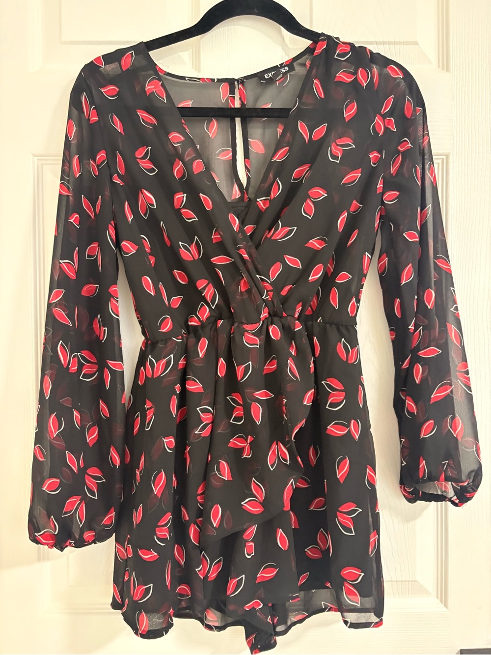 Express Black Chiffon Long-Sleeve Romper with Red Leaf Motif
